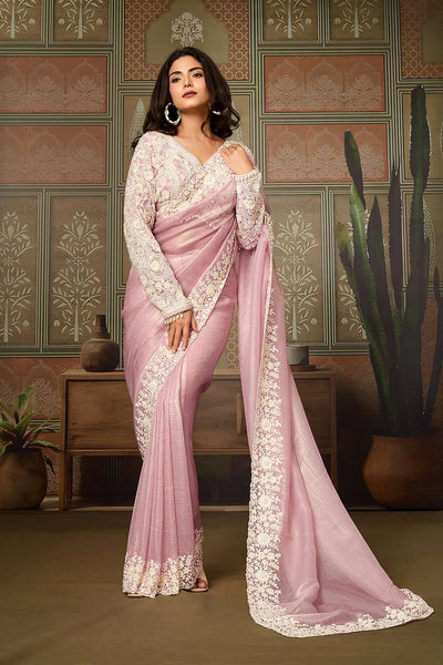 Prisha Light Pink Soft Organza White Embroidered Border Ready to Wear Saree