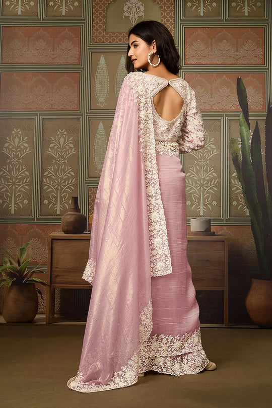 Prisha Light Pink Soft Organza White Embroidered Border Ready to Wear Saree