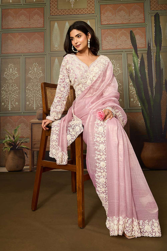 Prisha Light Pink Soft Organza White Embroidered Border Ready to Wear Saree