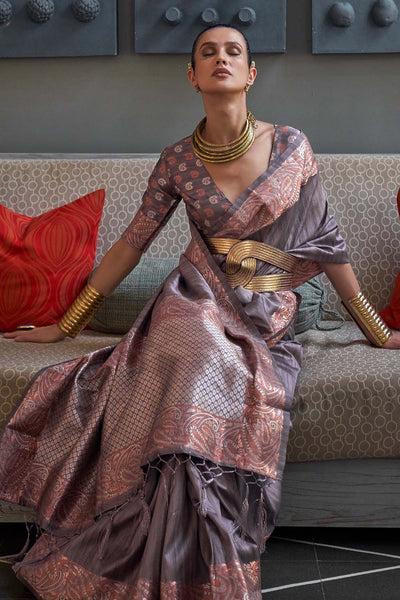 Vama Grey Silk Zari Handloom Weaving One Minute Saree