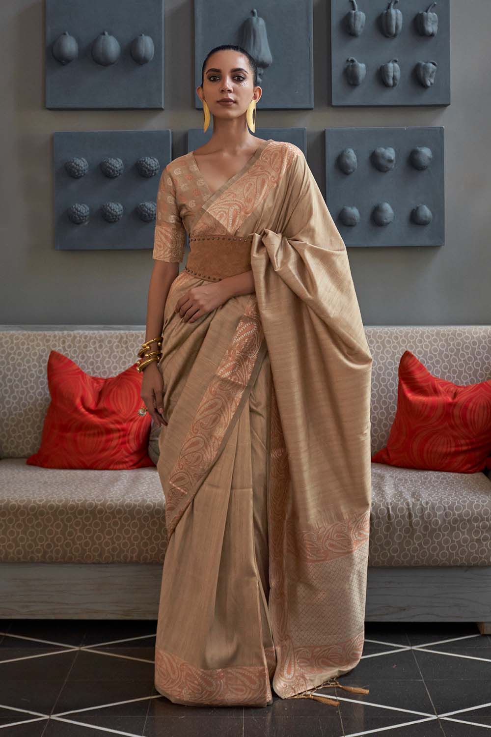 Vama Brown Silk Zari Handloom Weaving One Minute Saree