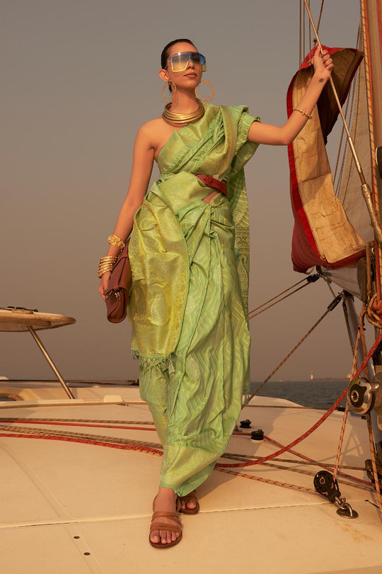 Deira Green Satin Nylon Two Tone Weaving One Minute Saree