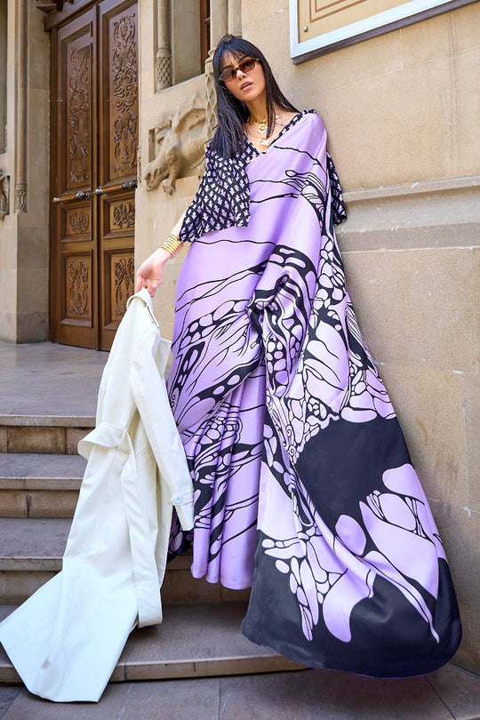 Buy Lorna Lavender Printed Satin Crepe One Minute Saree Online - Zoom Out