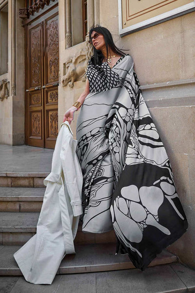 Buy Gaia Silver Printed Satin Crepe One Minute Saree Online - Zoom Out