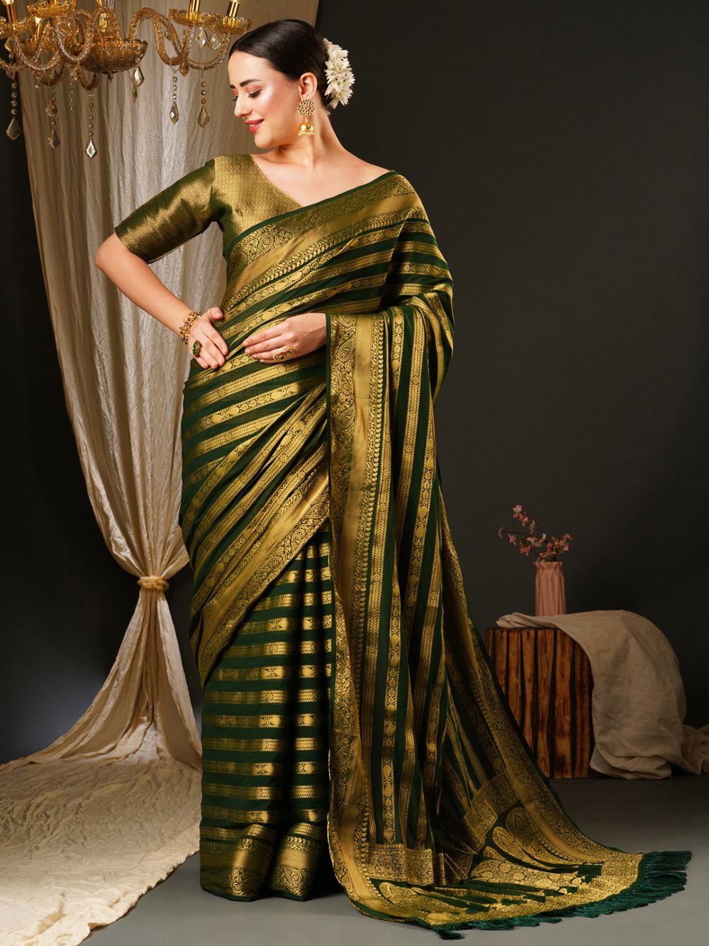 Alekha Dark Green Georgette Striped One Minute Saree