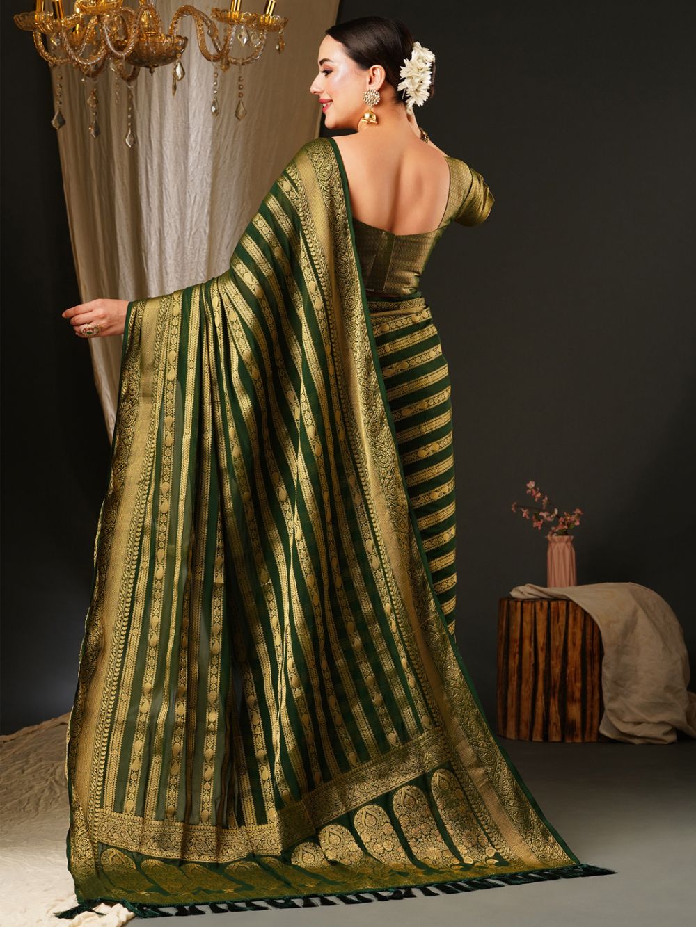 Alekha Dark Green Georgette Striped One Minute Saree