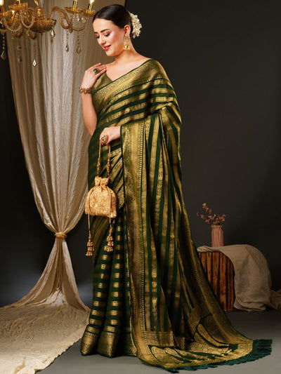 Alekha Dark Green Georgette Striped One Minute Saree
