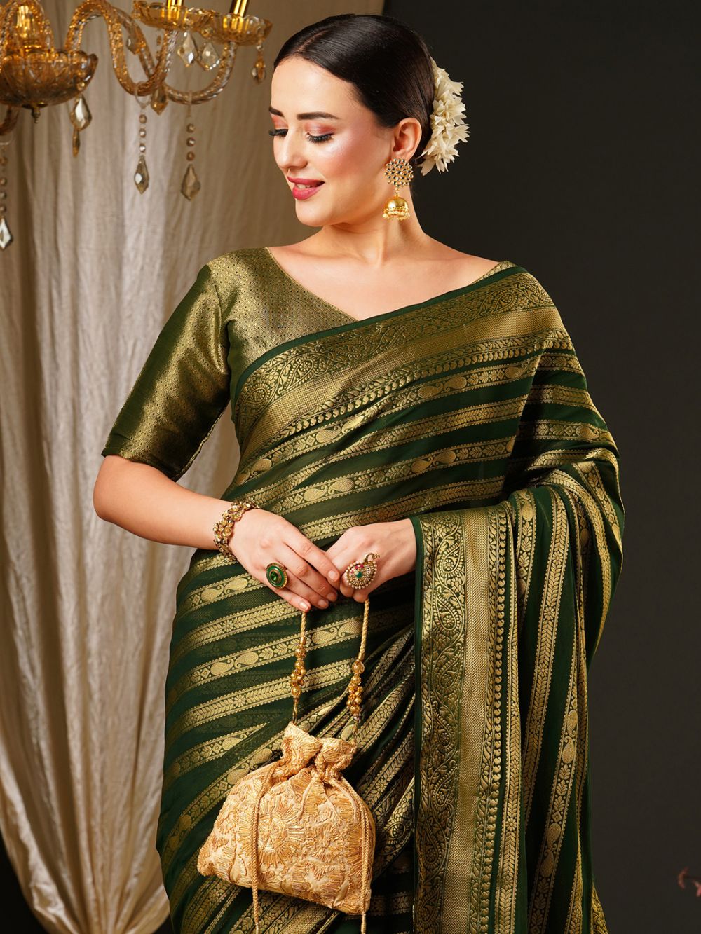 Alekha Dark Green Georgette Striped One Minute Saree