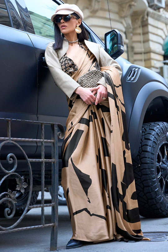 Candice Brown Satin Printed One Minute Saree