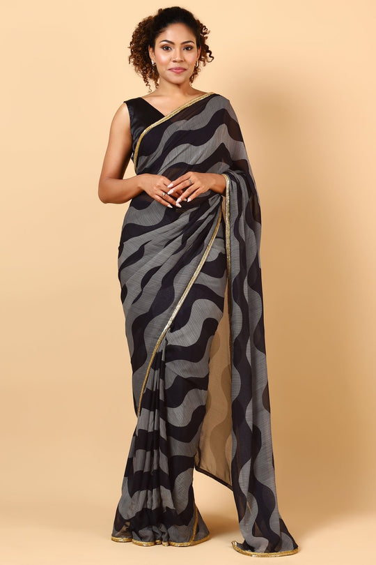 Tanisha Black & Off-White Embellished Border With Geometric Print Ready to Wear One Minute Saree