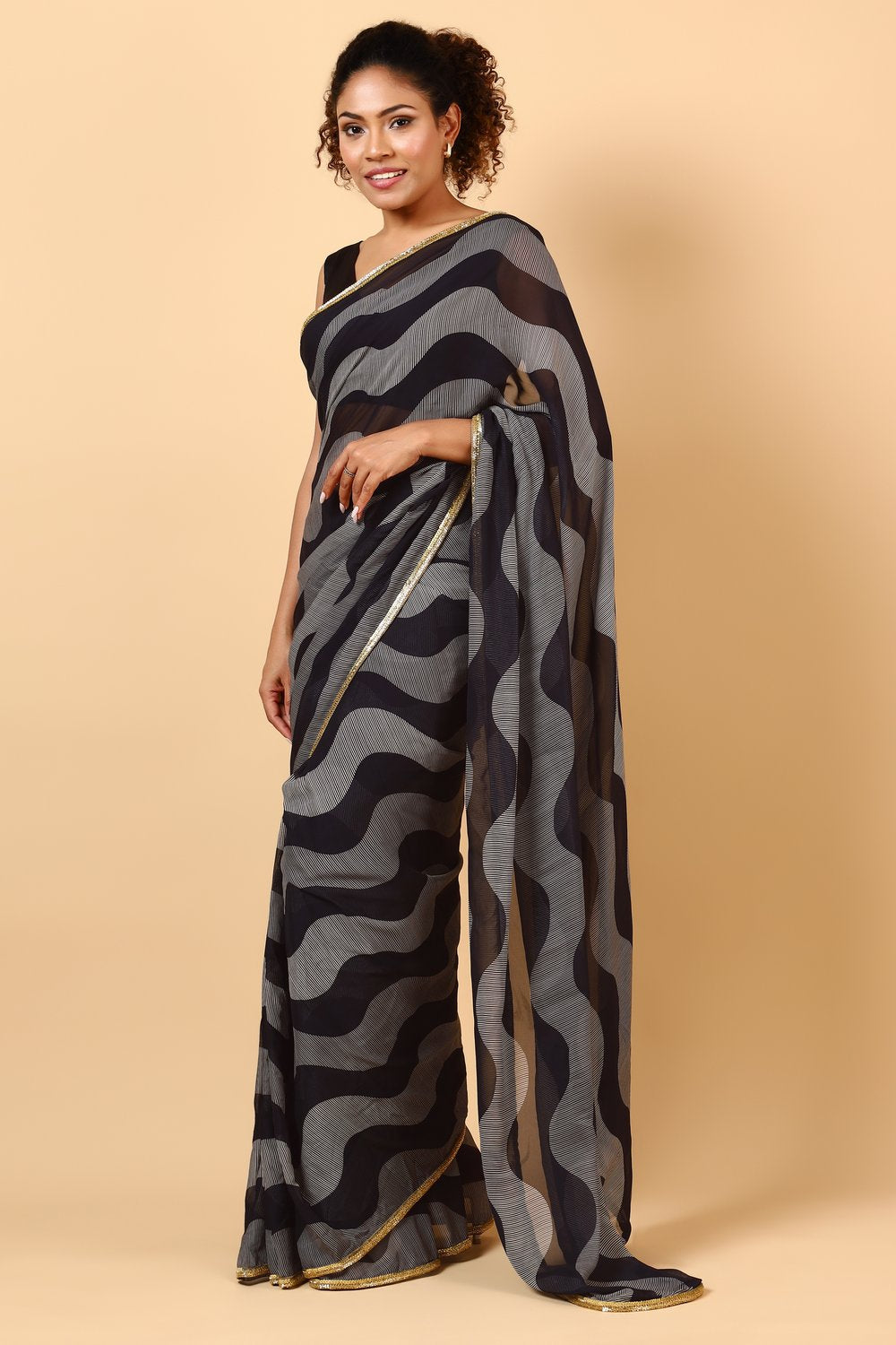 Tanisha Black & Off-White Embellished Border With Geometric Print Ready to Wear One Minute Saree