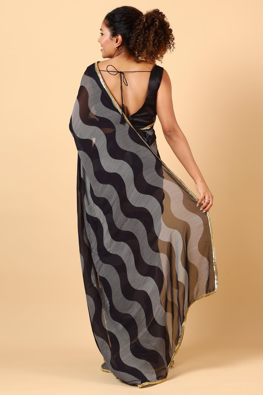 Tanisha Black & Off-White Embellished Border With Geometric Print Ready to Wear One Minute Saree