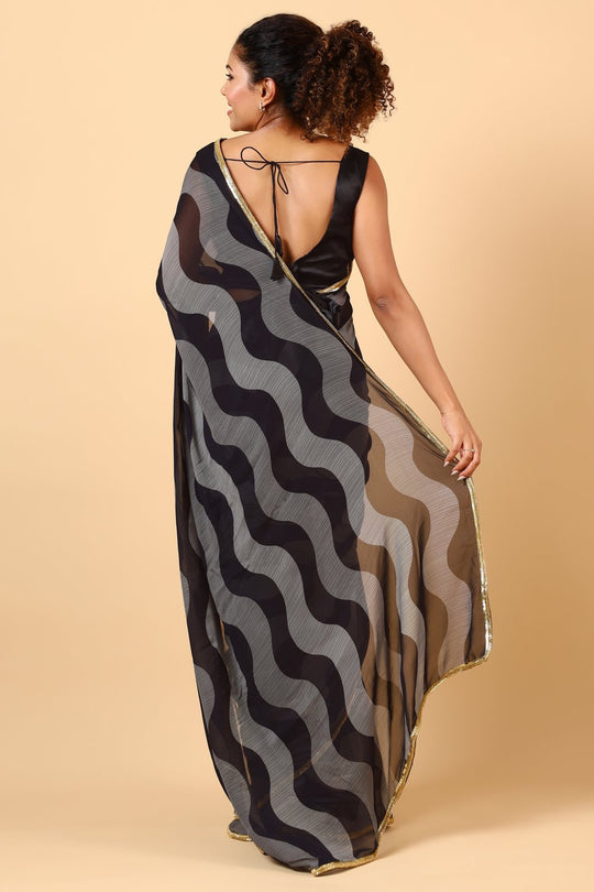 Tanisha Black & Off-White Embellished Border With Geometric Print Ready to Wear One Minute Saree