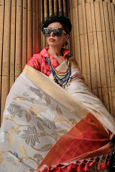 Jules Silk White Block Print One Minute Saree