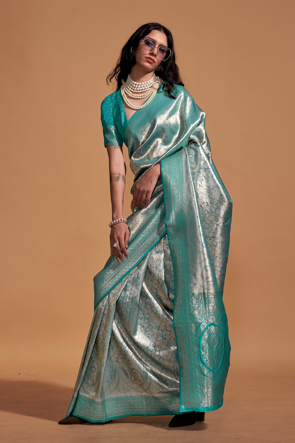 Jeana Blue Silk Handwoven Kanjivaram One Minute Saree