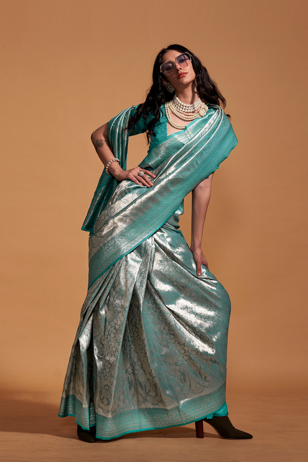 Jeana Blue Silk Handwoven Kanjivaram One Minute Saree