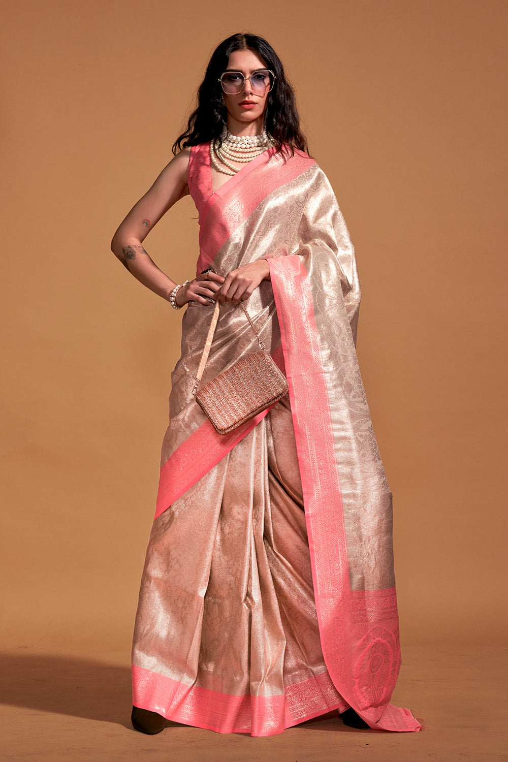Jeana Pink Silk Handwoven Kanjivaram One Minute Saree