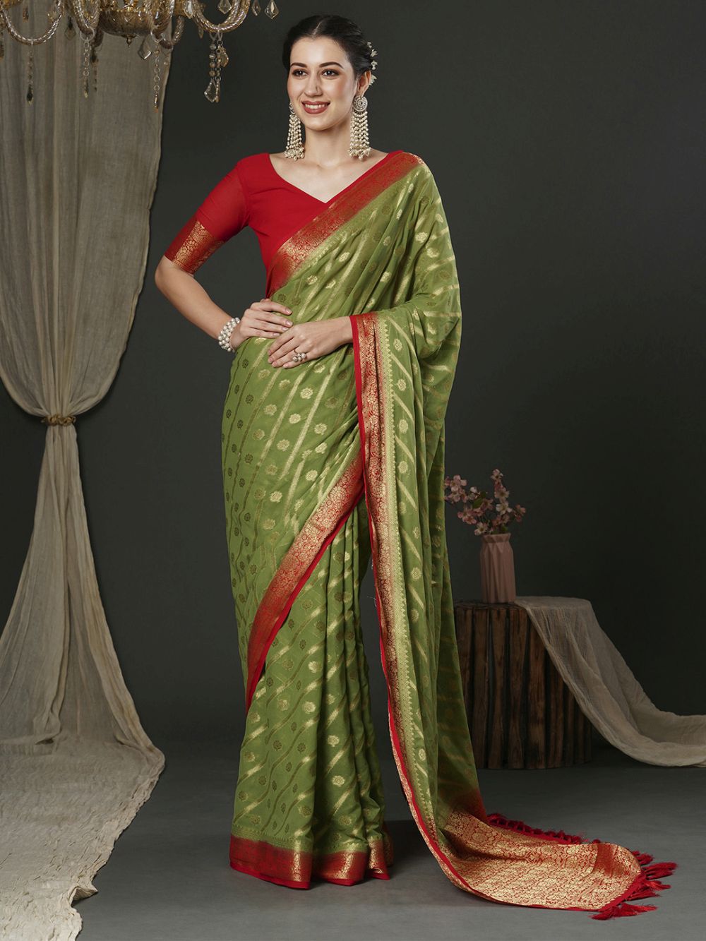 Alekha Olive Green & Red Georgette Printed One Minute Saree