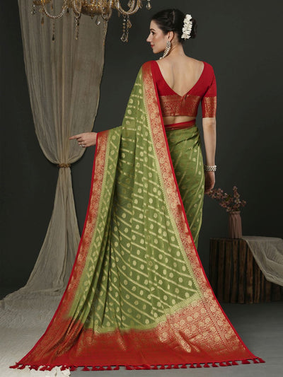 Alekha Olive Green & Red Georgette Printed One Minute Saree