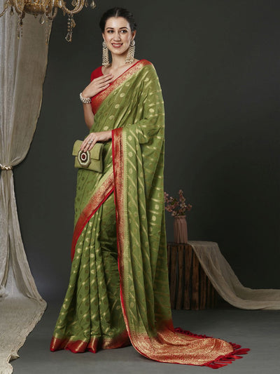 Alekha Olive Green & Red Georgette Printed One Minute Saree