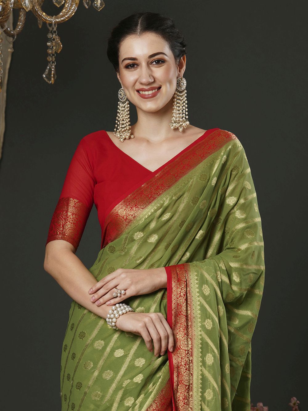 Alekha Olive Green & Red Georgette Printed One Minute Saree