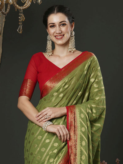 Alekha Olive Green & Red Georgette Printed One Minute Saree