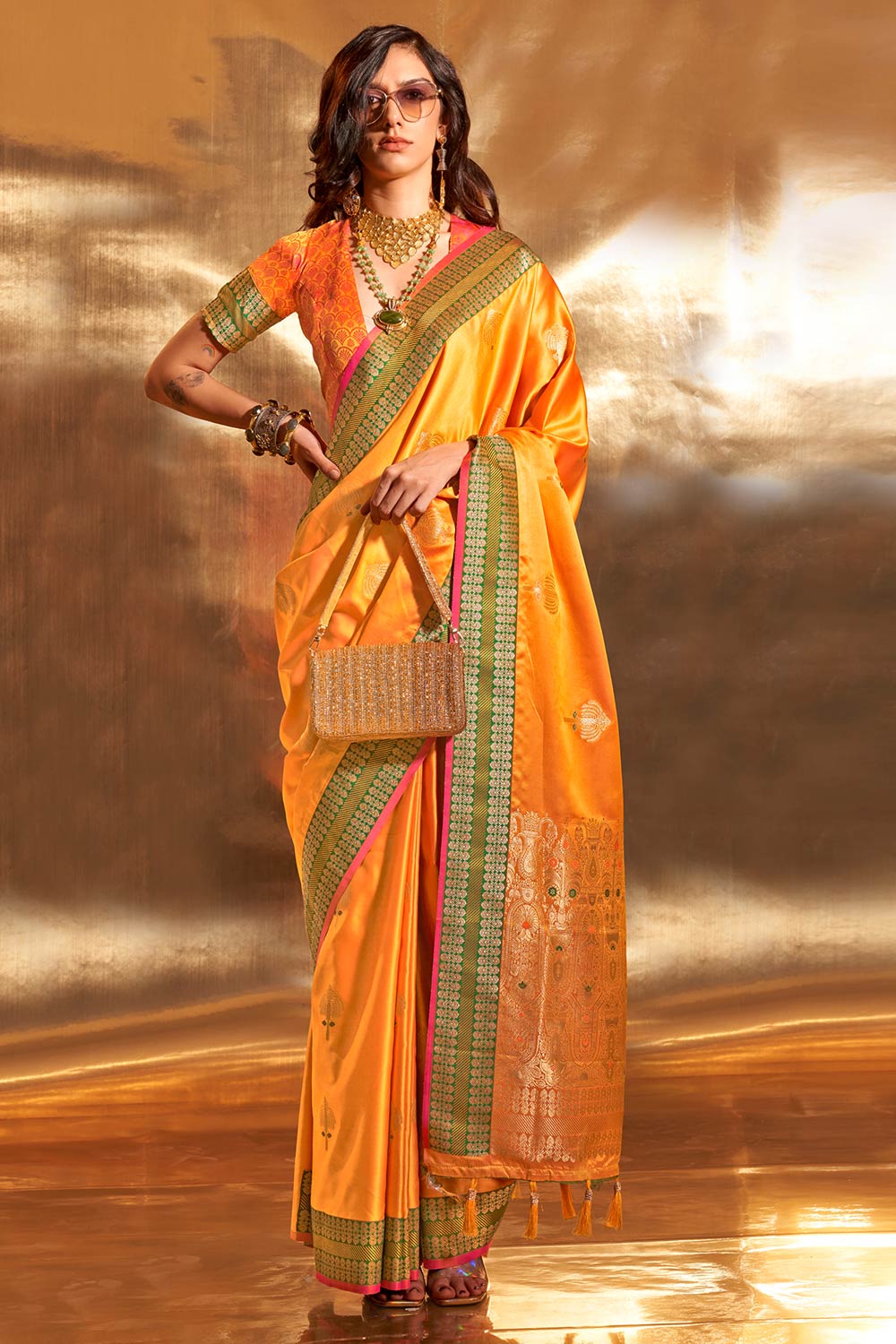 Yana Yellow Pure Satin Traditional One Minute Saree