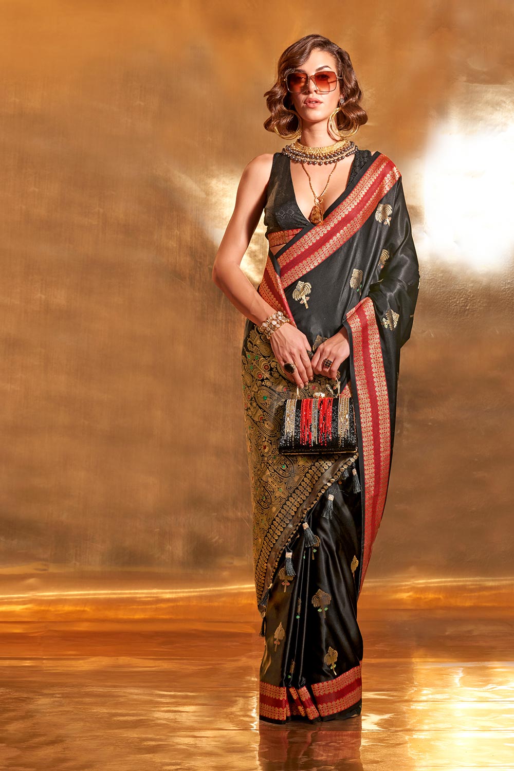 Natasha Black Pure Satin Foil Print One Minute Saree ONE MINUTE SAREE Natasha black pure satin foil print one minute saree one minute saree