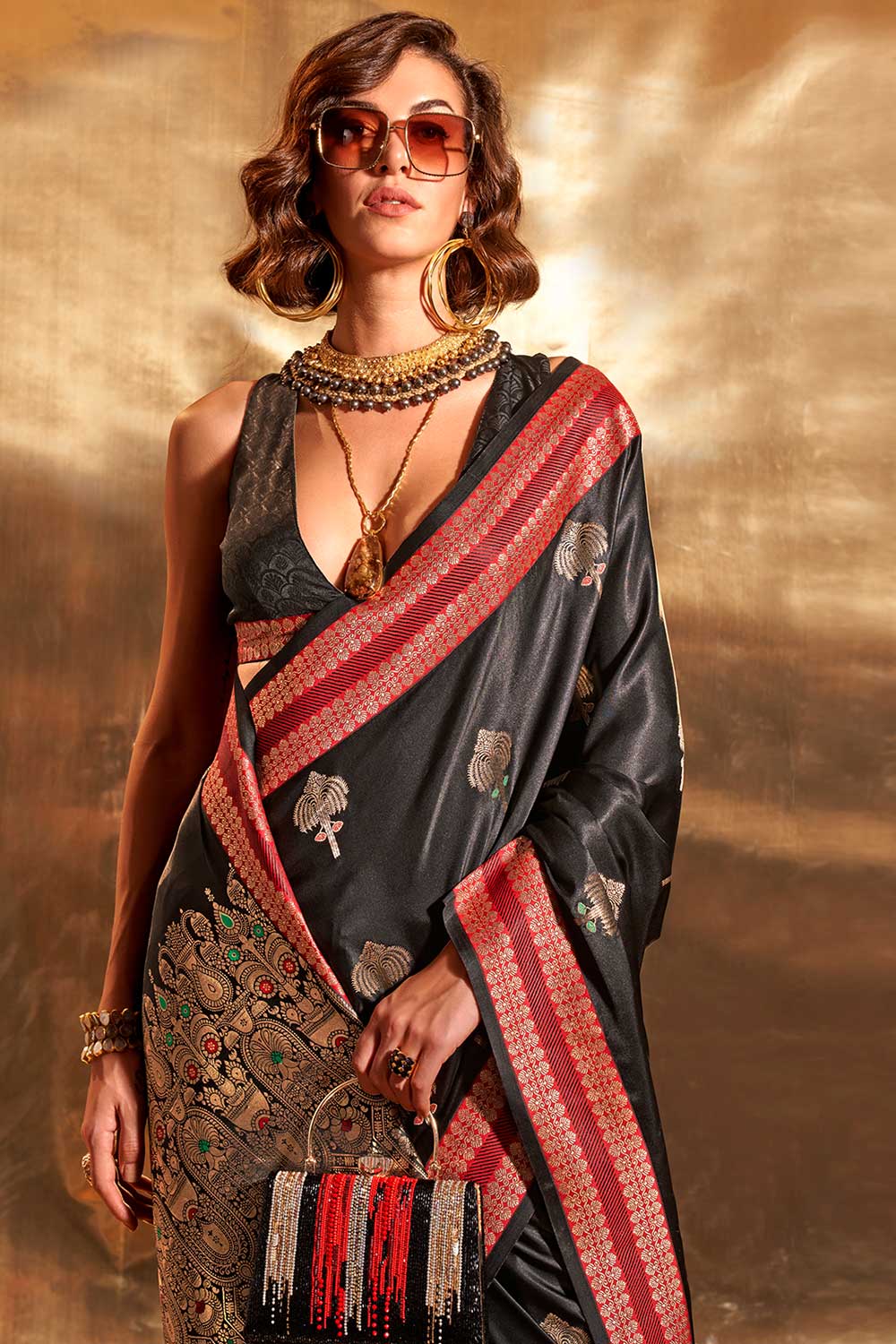 Natasha Black Pure Satin Foil Print One Minute Saree