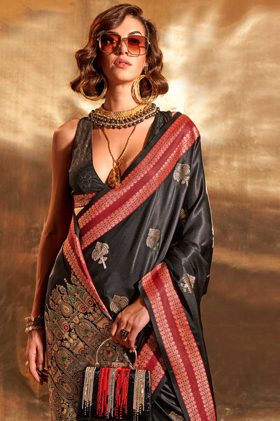 Natasha Black Pure Satin Foil Print One Minute Saree