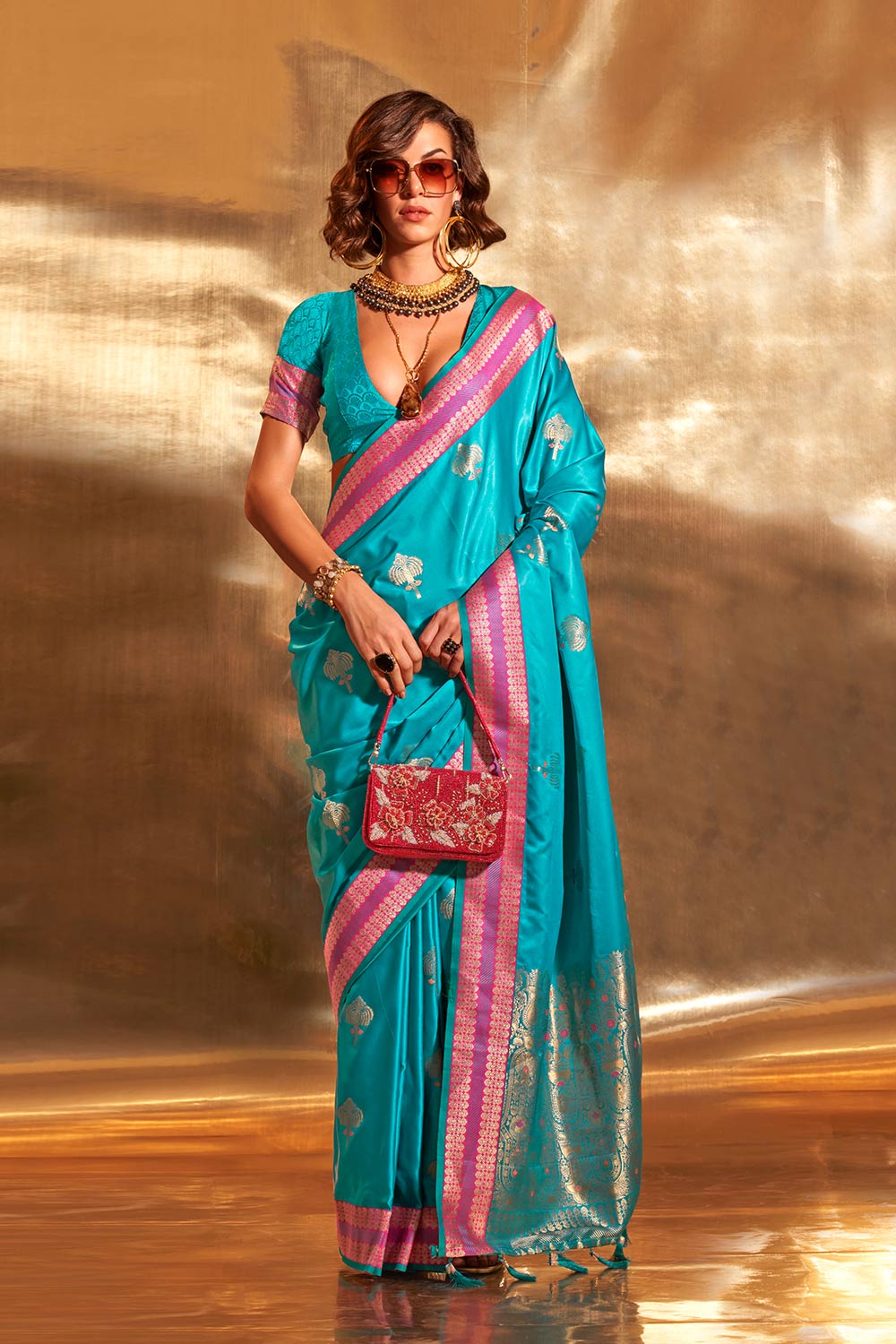 Myra Turquoise Pure Satin Traditional One Minute Saree