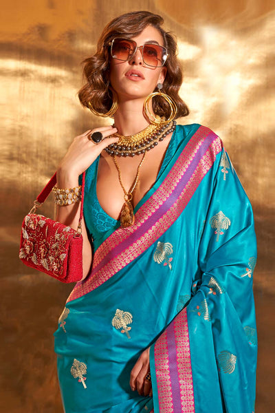 Myra Turquoise Pure Satin Traditional One Minute Saree