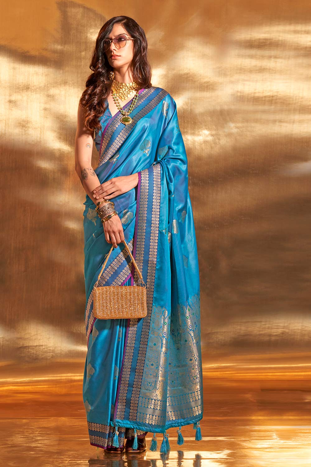 Sindri Blue Pure Satin Foil Print One Minute Saree