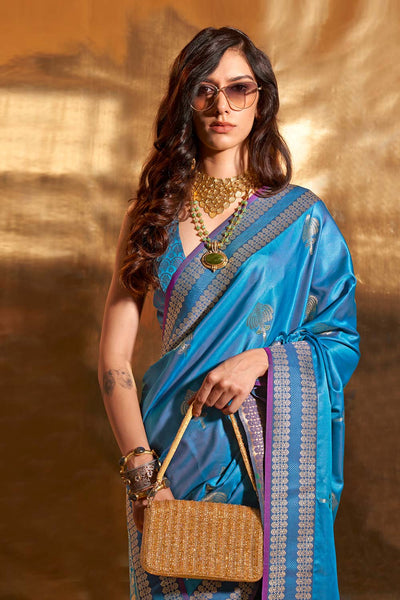 Sindri Blue Pure Satin Foil Print One Minute Saree