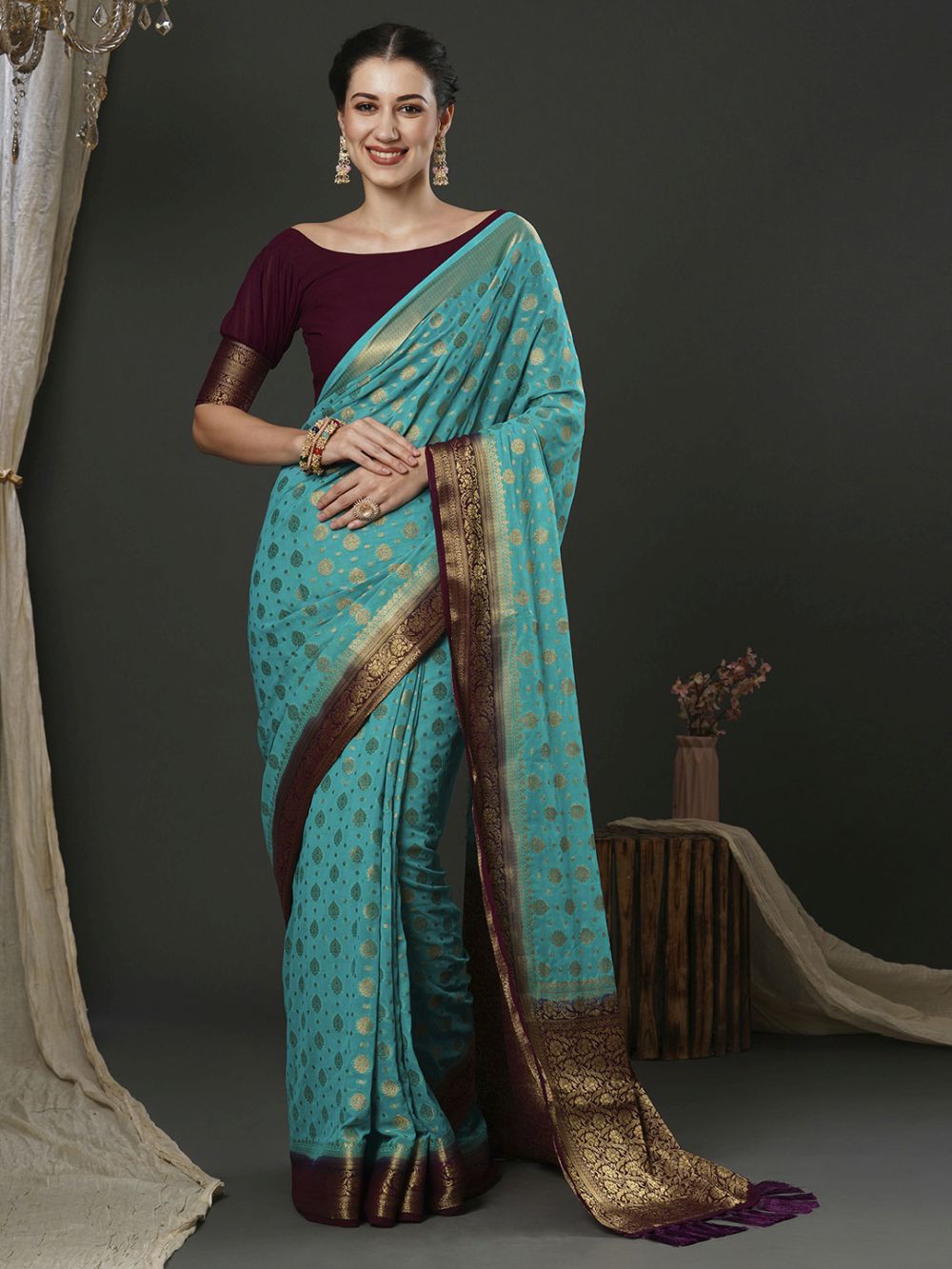 Alekha Turquoise & Maroon Georgette Printed One Minute Saree