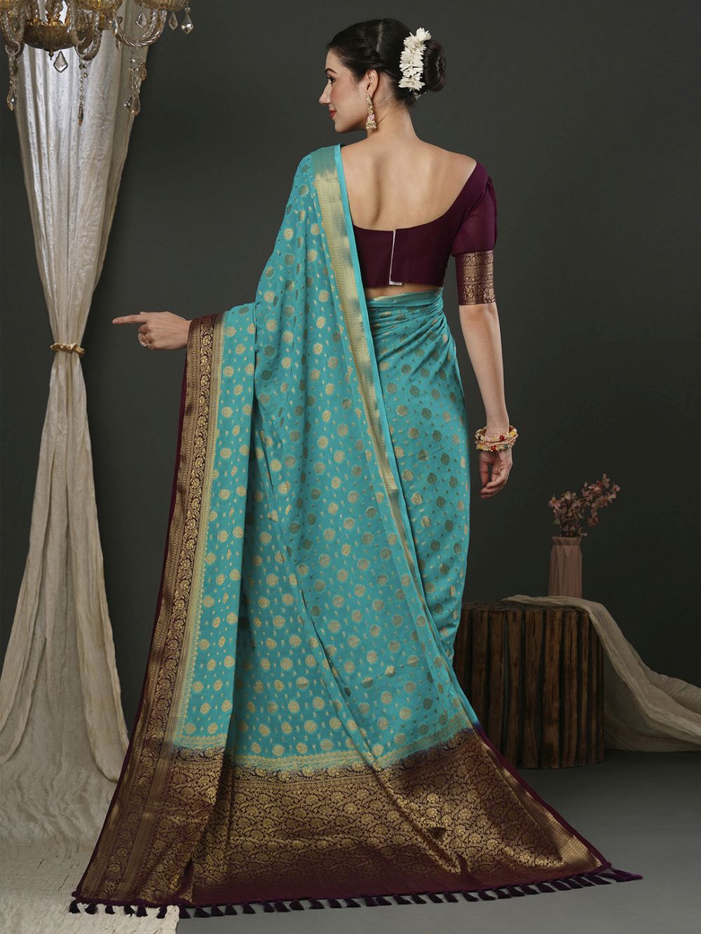 Alekha Turquoise & Maroon Georgette Printed One Minute Saree