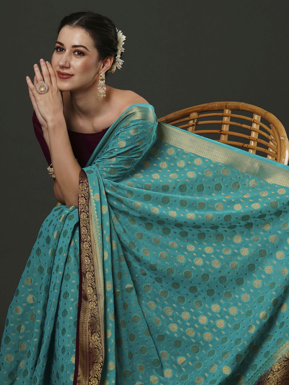 Alekha Turquoise & Maroon Georgette Printed One Minute Saree