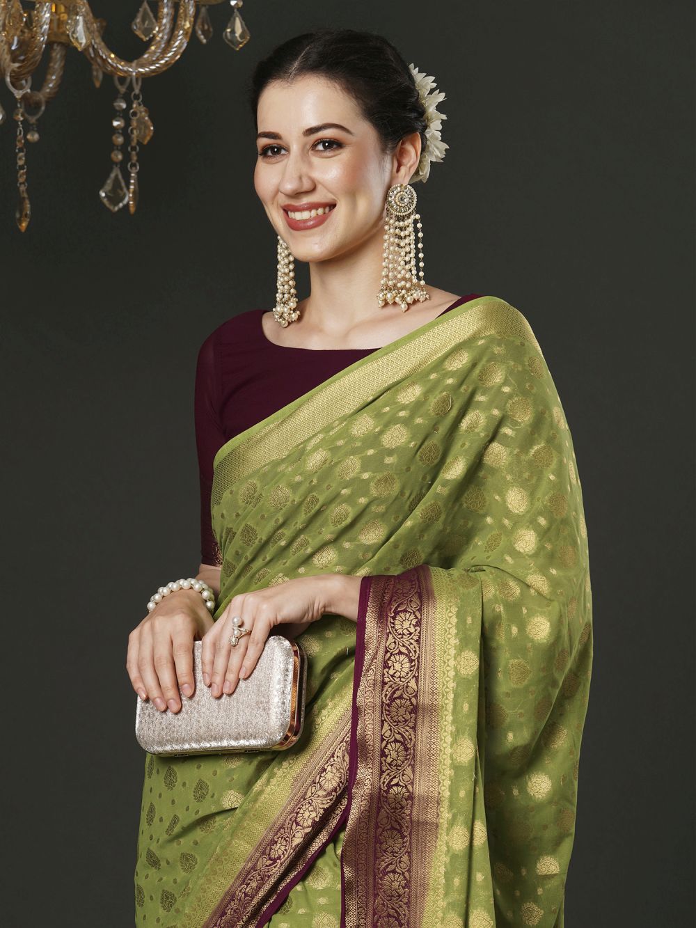 Alekha Green & Maroon Georgette Printed One Minute Saree