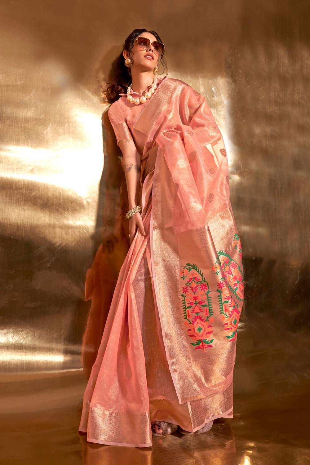 Anika Peach Zari Tissue One Minute Saree