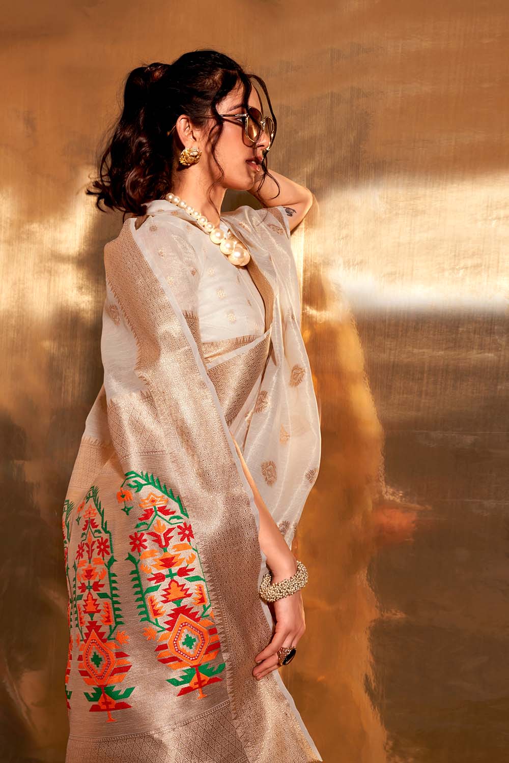 Anika White Zari Tissue One Minute Saree