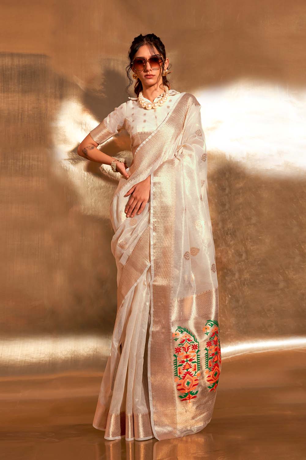 Anika White Zari Tissue One Minute Saree