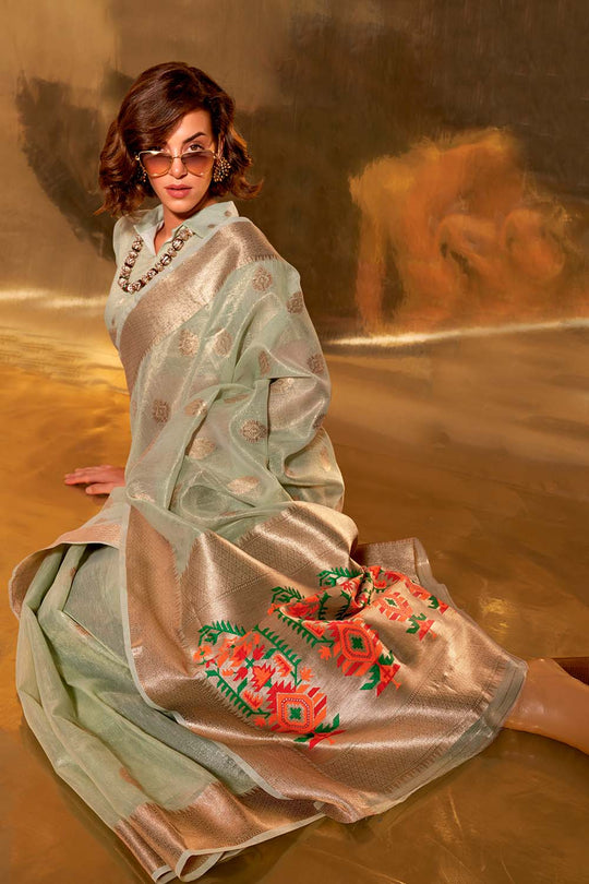 Anika Light Green Zari Tissue One Minute Saree