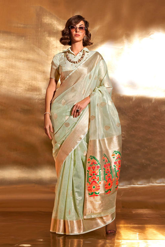 Anika Light Green Zari Tissue One Minute Saree