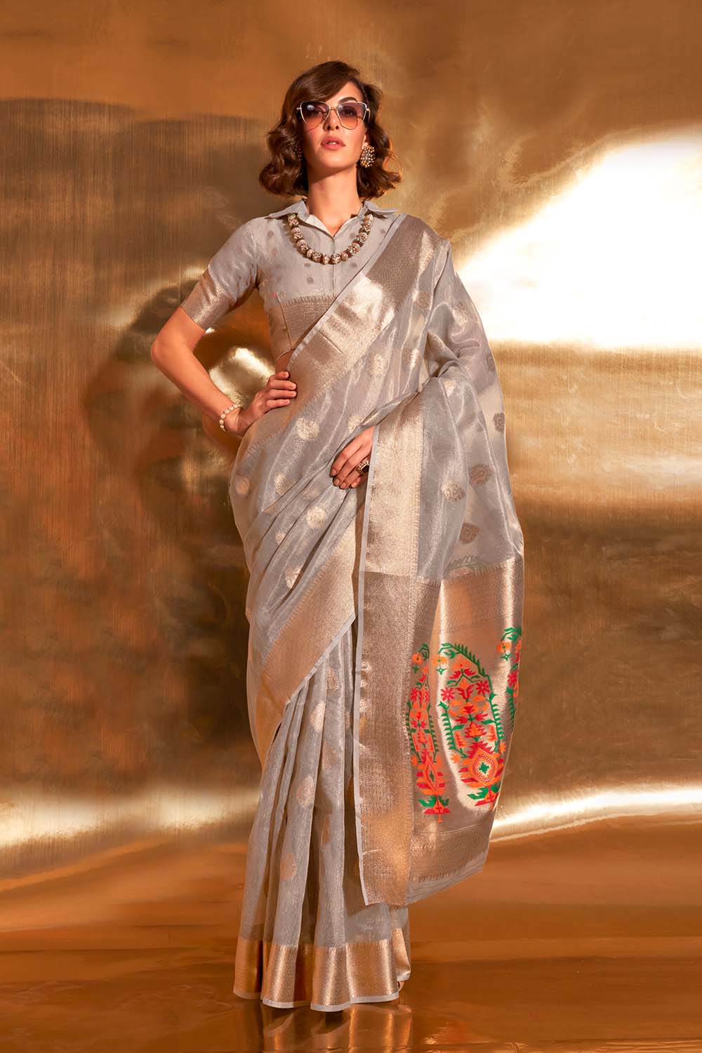 Anika Light Grey Zari Tissue One Minute Saree
