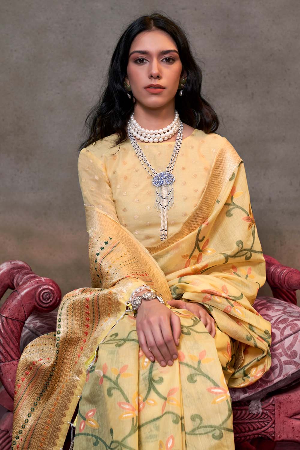 Kamiya Yellow Handwoven Jamdami One Minute Saree