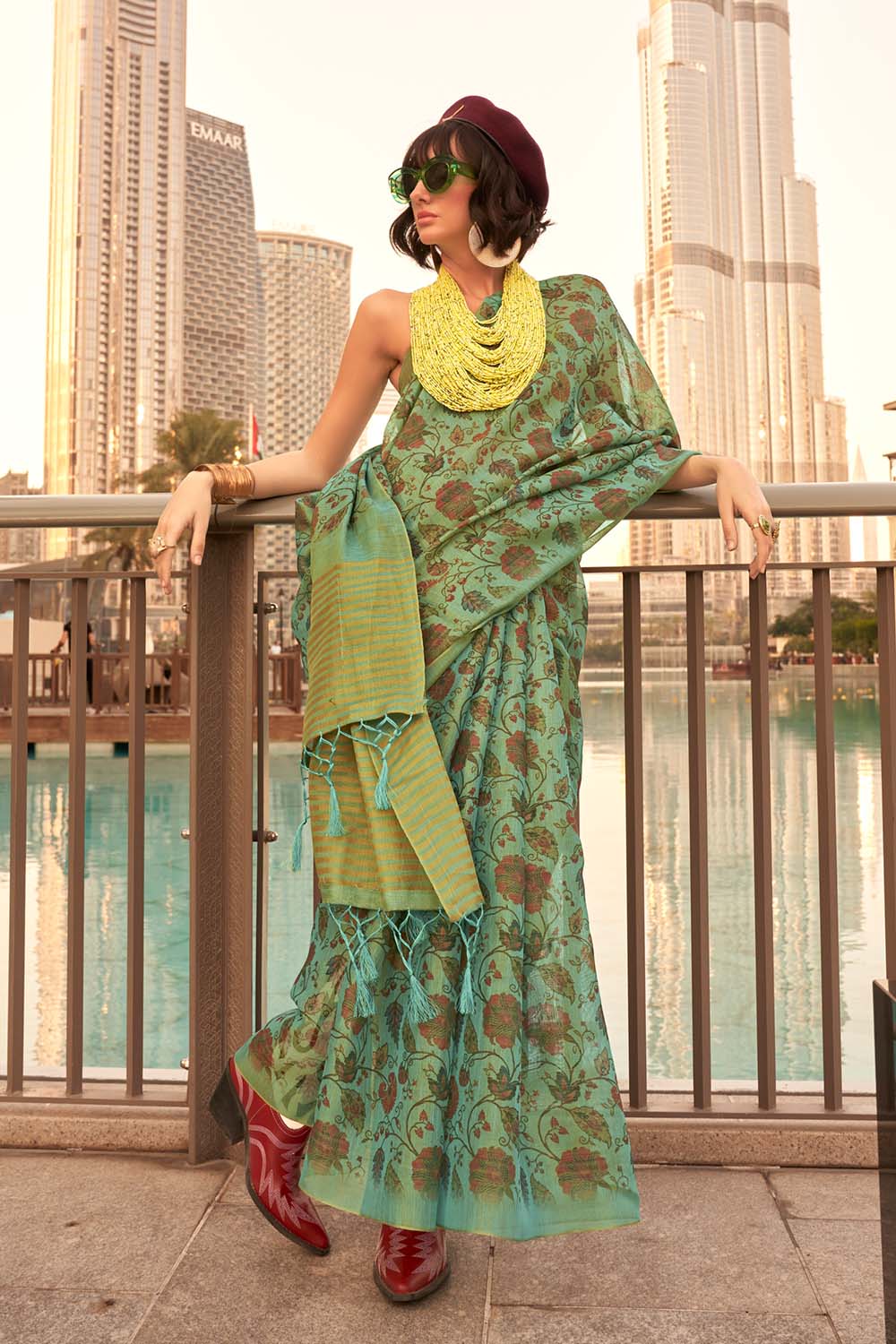 Ayesha Green Printed Zari Tissue One Minute Saree