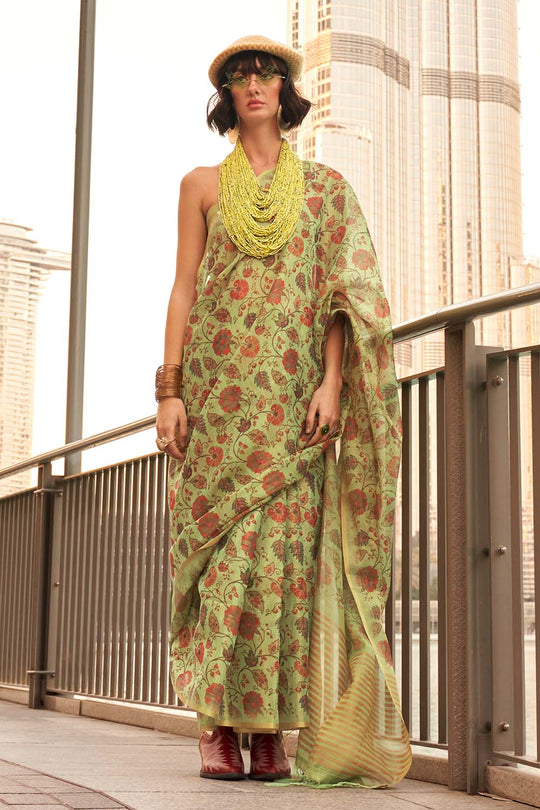 Ayesha Light Green Printed Zari Tissue One Minute Saree
