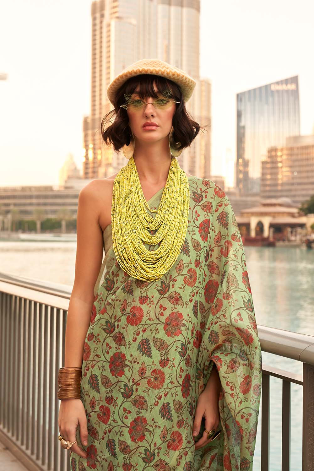 Ayesha Light Green Printed Zari Tissue One Minute Saree