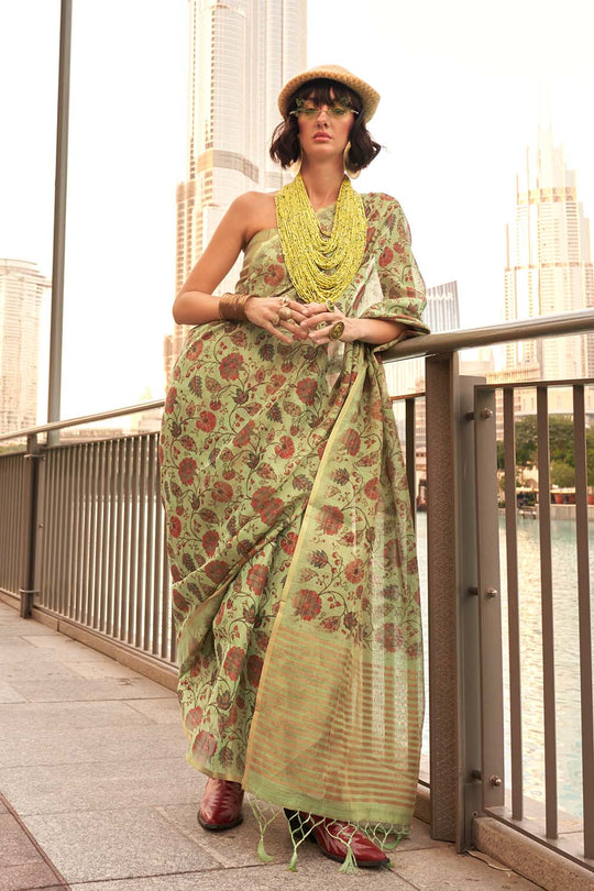 Ayesha Light Green Printed Zari Tissue One Minute Saree