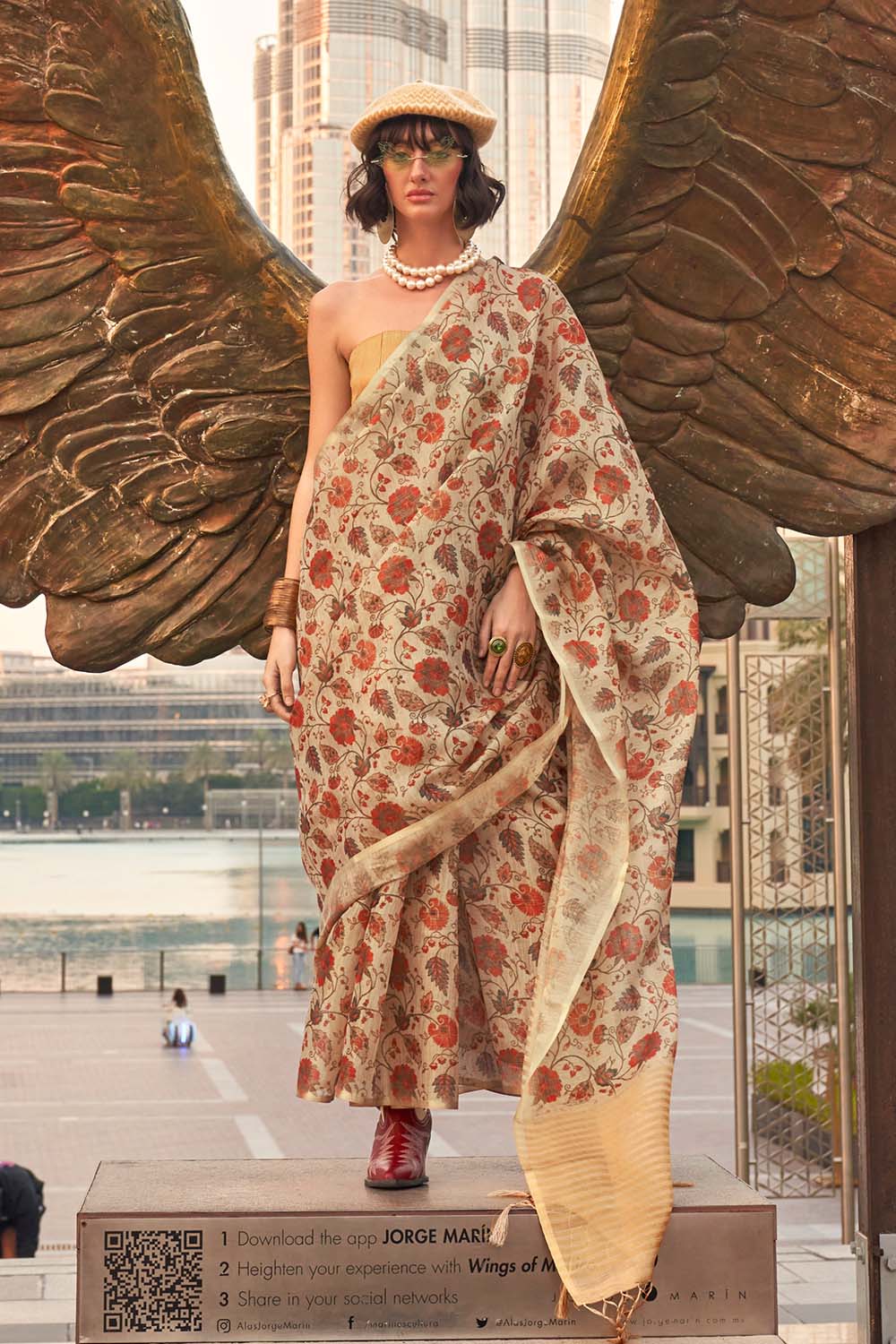 Ayesha Cream Printed Zari Tissue One Minute Saree